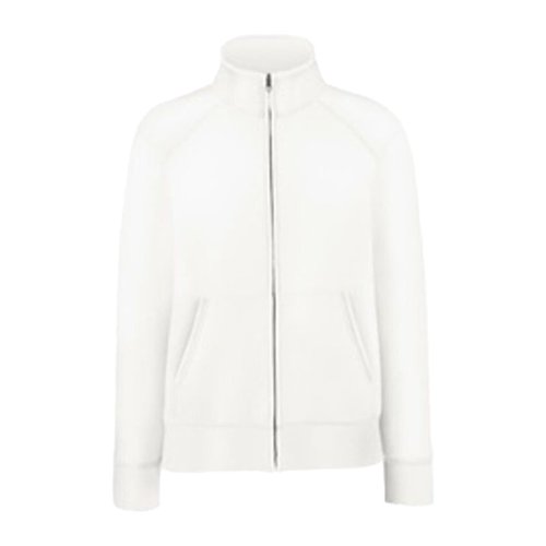 White cotton-blend sweat jacket with a full-length zipper.