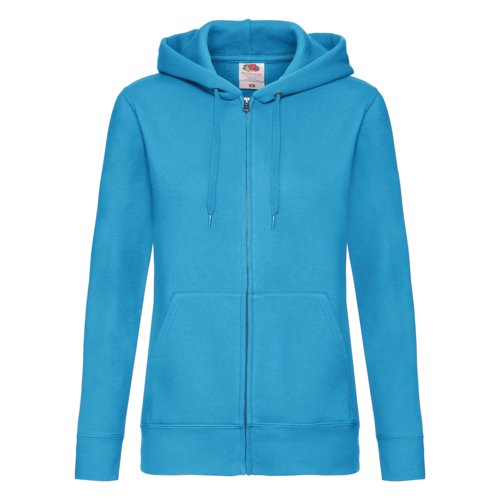 Azure blue women's cotton-blend hooded jacket with full zipper and pockets.