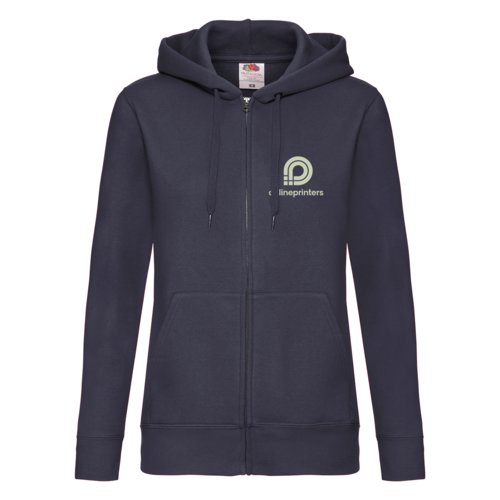 Dark blue women's hooded jacket with full zipper.