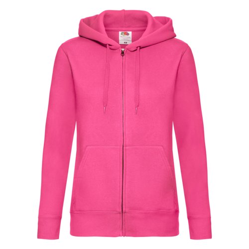 Pink women's cotton-blend hooded jacket with full zipper and kangaroo pocket.
