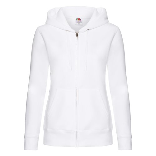 White cotton-blend hoodie with full zipper and pockets.