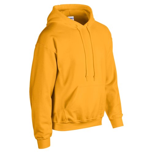 Golden yellow cotton-polyester hoodie for men with hood and kangaroo pocket.