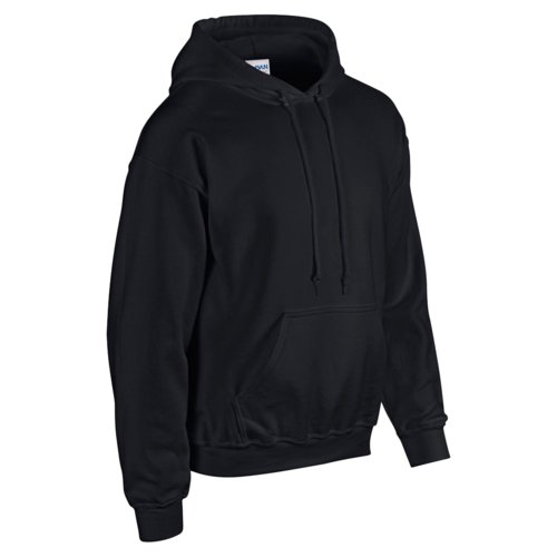 Black cotton blend hoodie with hood and kangaroo pocket.