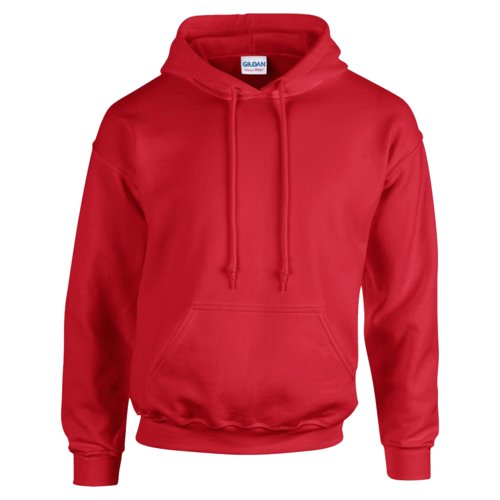 Red men's hoodie made of cotton blend with kangaroo pocket and hood.
