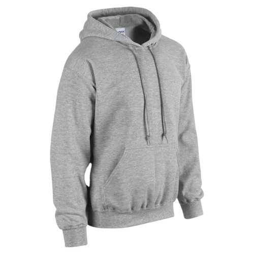 Gray cotton-polyester hoodie for men with kangaroo pocket and hood.
