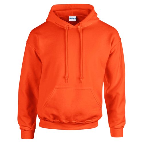 Orange cotton-blend men's hoodie with hood and kangaroo pocket.