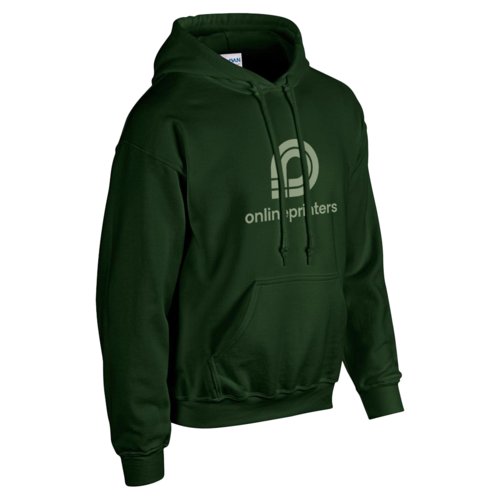 Dark green cotton-polyester hoodie with drawstring and kangaroo pocket.