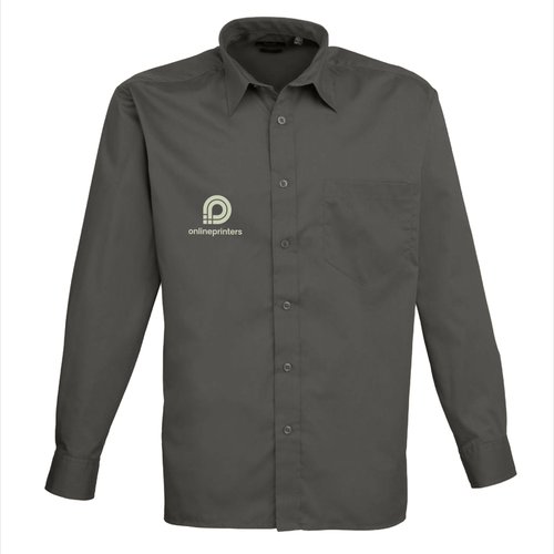 Gray poplin shirt for men with button placket and chest pocket.
