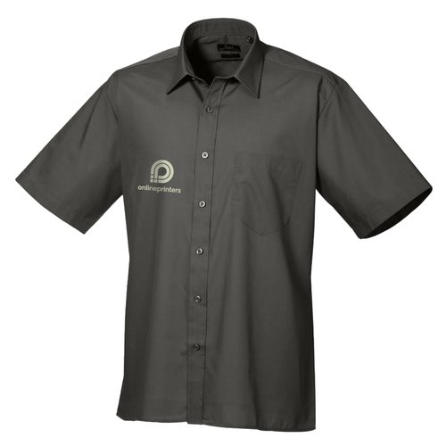 Gray poplin short-sleeve shirt for men with button placket and chest pocket.