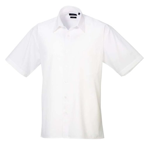 White poplin short-sleeve shirt made of polyester and cotton for men.