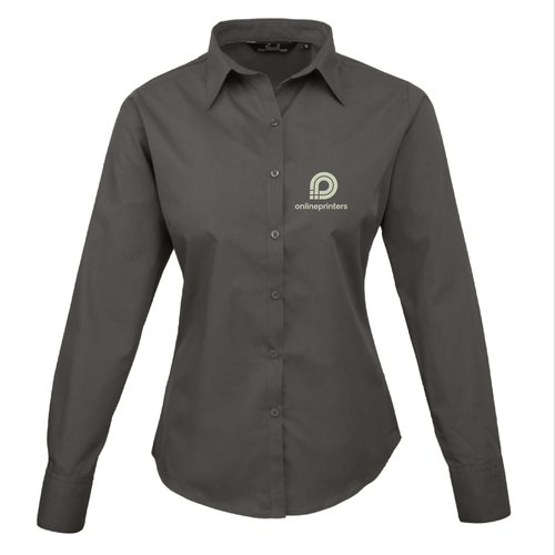 Dark gray poplin blouse for women with long sleeves and collar.
