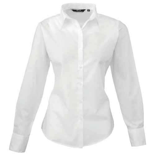 White poplin blouse made of polyester-cotton blend with long sleeves.