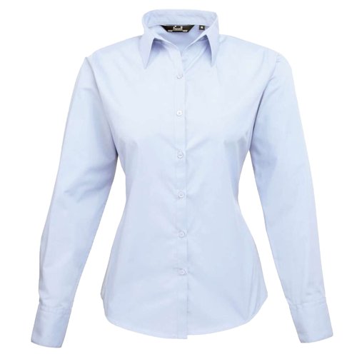 Light blue poplin blouse for women with button placket and collar.