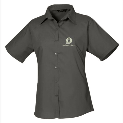 Gray poplin blouse with short sleeves and button placket.