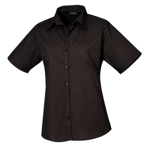 Black poplin short-sleeve blouse with button placket for women.