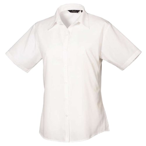 White poplin blouse with short sleeves and button placket.