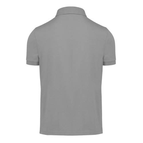 Gray cotton polo shirt with short sleeves and button placket.