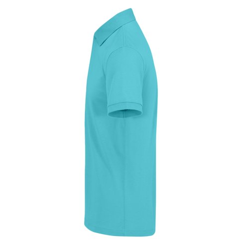 Turquoise cotton polo shirt with short sleeves.