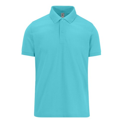 Turquoise cotton polo shirt for men with short button placket.
