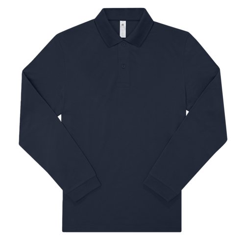 Navy blue cotton polo shirt with long sleeves and button placket.