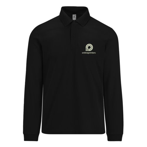 Black long-sleeve polo shirt with button placket.