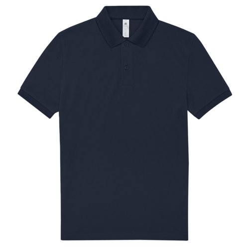Navy blue cotton polo shirt for men with a short button placket.