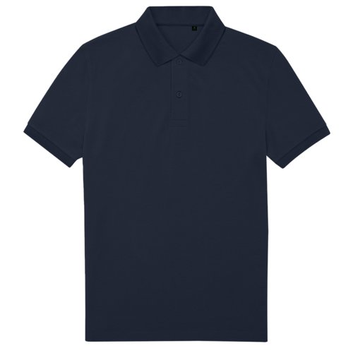 Navy blue polo shirt made of recycled polyester and cotton.