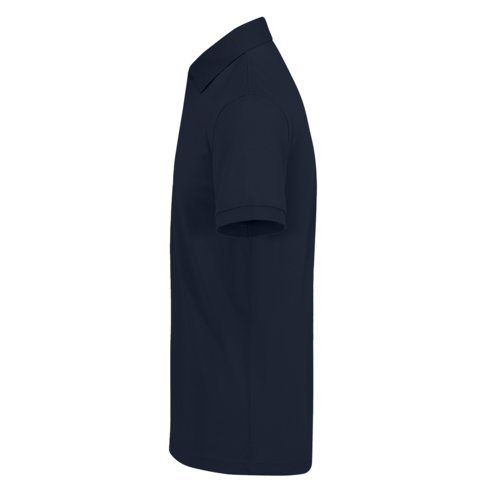 Navy blue polo shirt in recycled polyester-cotton blend with collar.