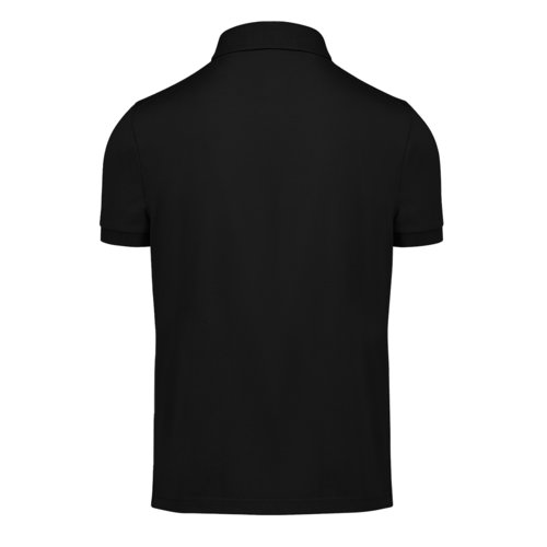 Black polo shirt made of recycled polyester and cotton for men.