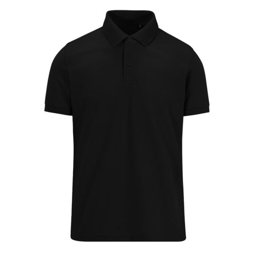 Black polo shirt made from recycled polyester and cotton for men.