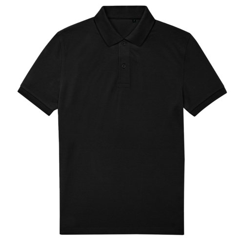 Black polo shirt made of recycled polyester and cotton with a short button placket.