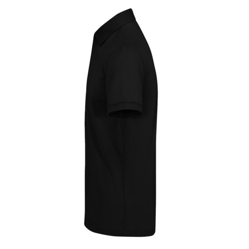 Black polo shirt made from recycled polyester and cotton for men.