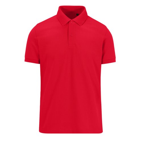 Red polo shirt made of recycled polyester and cotton for men.