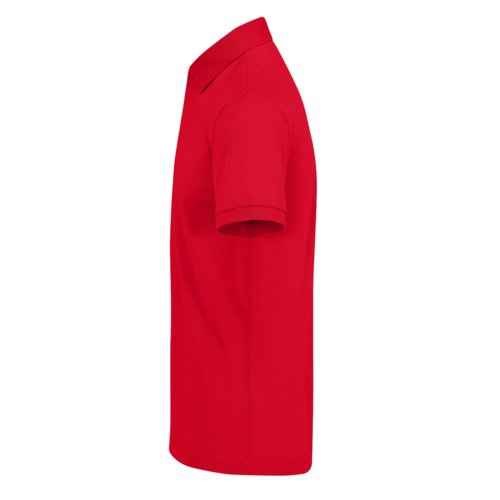 Red polo shirt made of recycled polyester and cotton for men.