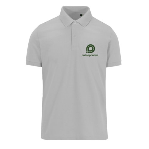 Gray fabric polo shirt for men with short button placket.