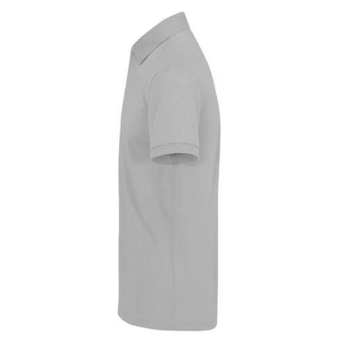 Gray polo shirt made from recycled polyester and cotton.