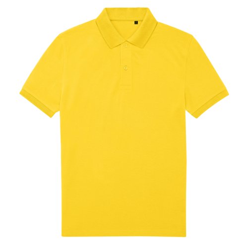 Yellow polo shirt made of recycled polyester and cotton with short sleeves.