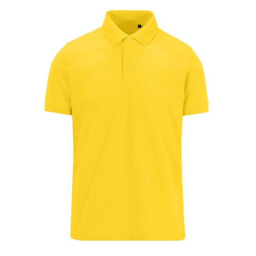Yellow polo shirt made of recycled polyester and cotton, with short sleeves.