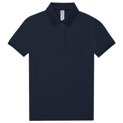 Navy blue cotton polo shirt for women with short button placket.