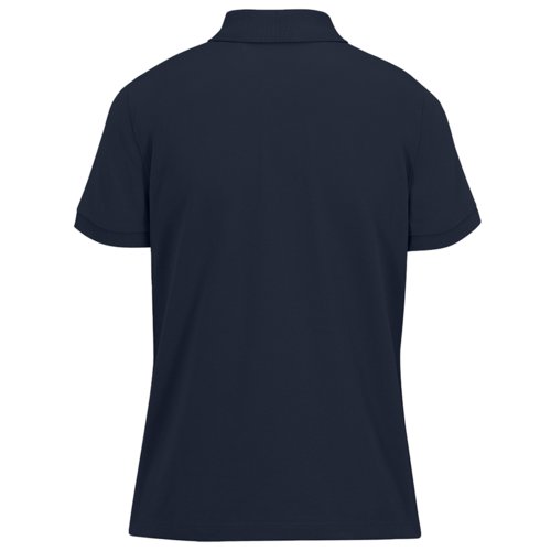 Navy blue cotton polo shirt for women with short sleeves.
