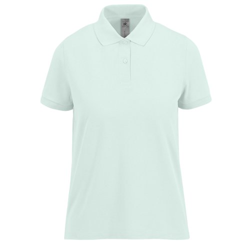 Mint green cotton polo shirt for women with short button placket.