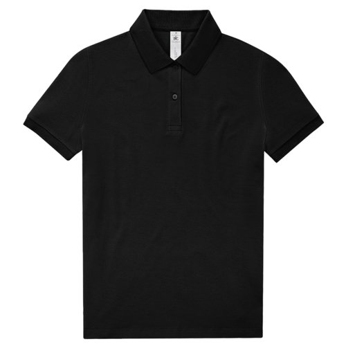 Black cotton polo shirt for women with a short button placket.
