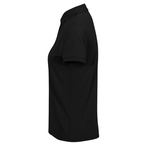 Black cotton polo shirt for women with a short button placket.