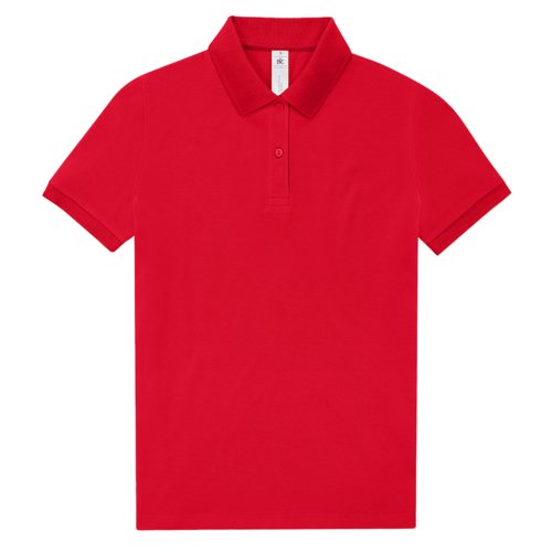 Red cotton women's polo shirt with short sleeves and button placket.