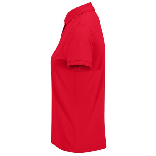 Red women's cotton polo shirt with short button placket.