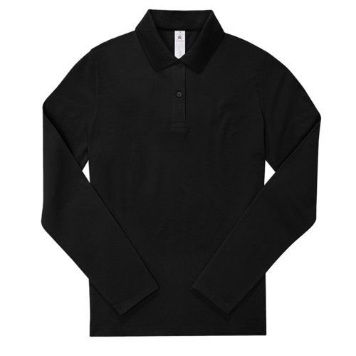 Black cotton polo shirt with long sleeves and button placket.