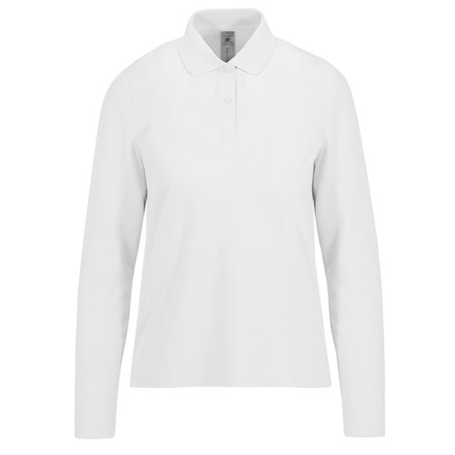 White cotton polo shirt with long sleeves for women.