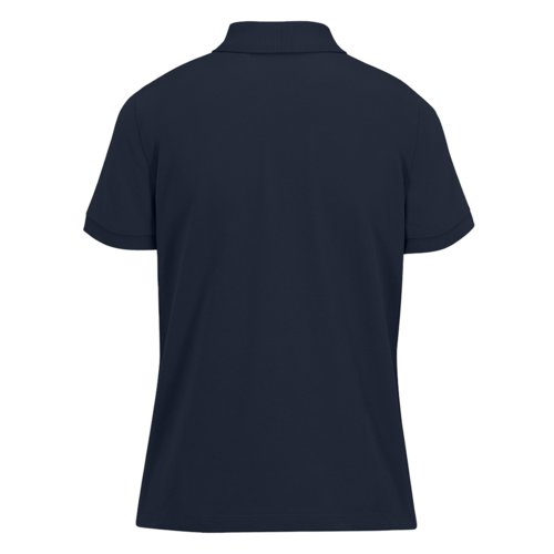 Navy blue polo shirt made of recycled polyester and cotton for women.