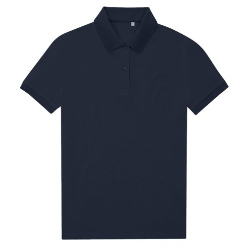 Navy blue women's polo shirt made of recycled polyester-cotton blend.