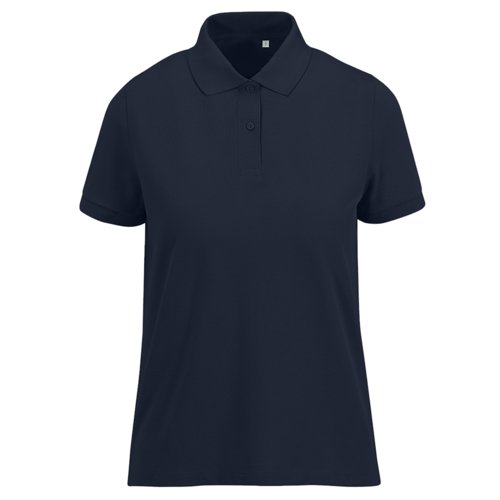 Navy blue women's polo shirt made of recycled polyester and cotton with short sleeves.